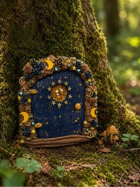 Handmade Blue Celestial Fairy Door with Gold Accents